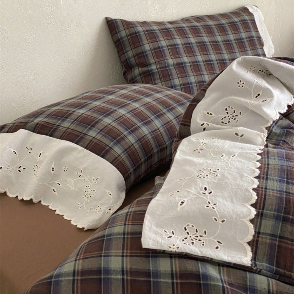 June Lace Double Gauze Gingham Bedding Set / Green