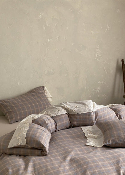 June Lace Double Gauze Gingham Bedding Set / Blue
