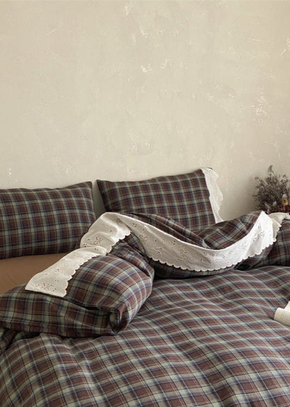 June Lace Double Gauze Gingham Bedding Set / Blue
