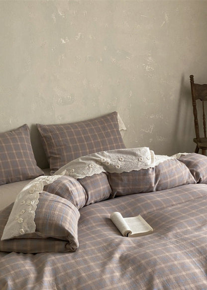 June Lace Double Gauze Gingham Bedding Set / Blue