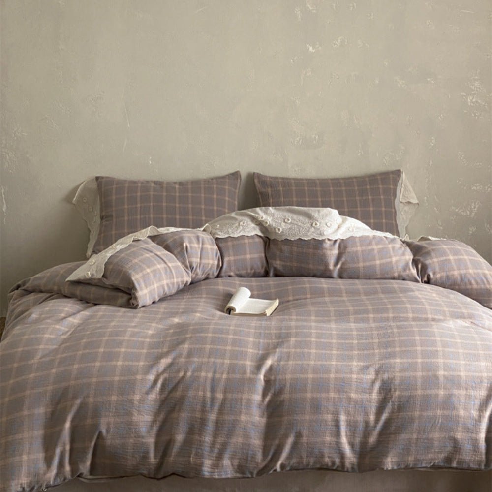 June Lace Double Gauze Gingham Bedding Set / Blue