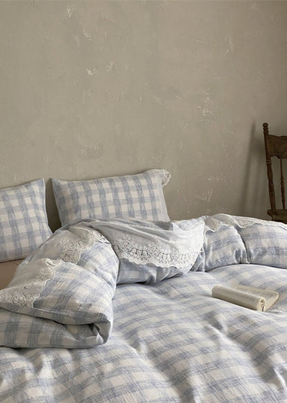 June Lace Double Gauze Gingham Bedding Set / Blue