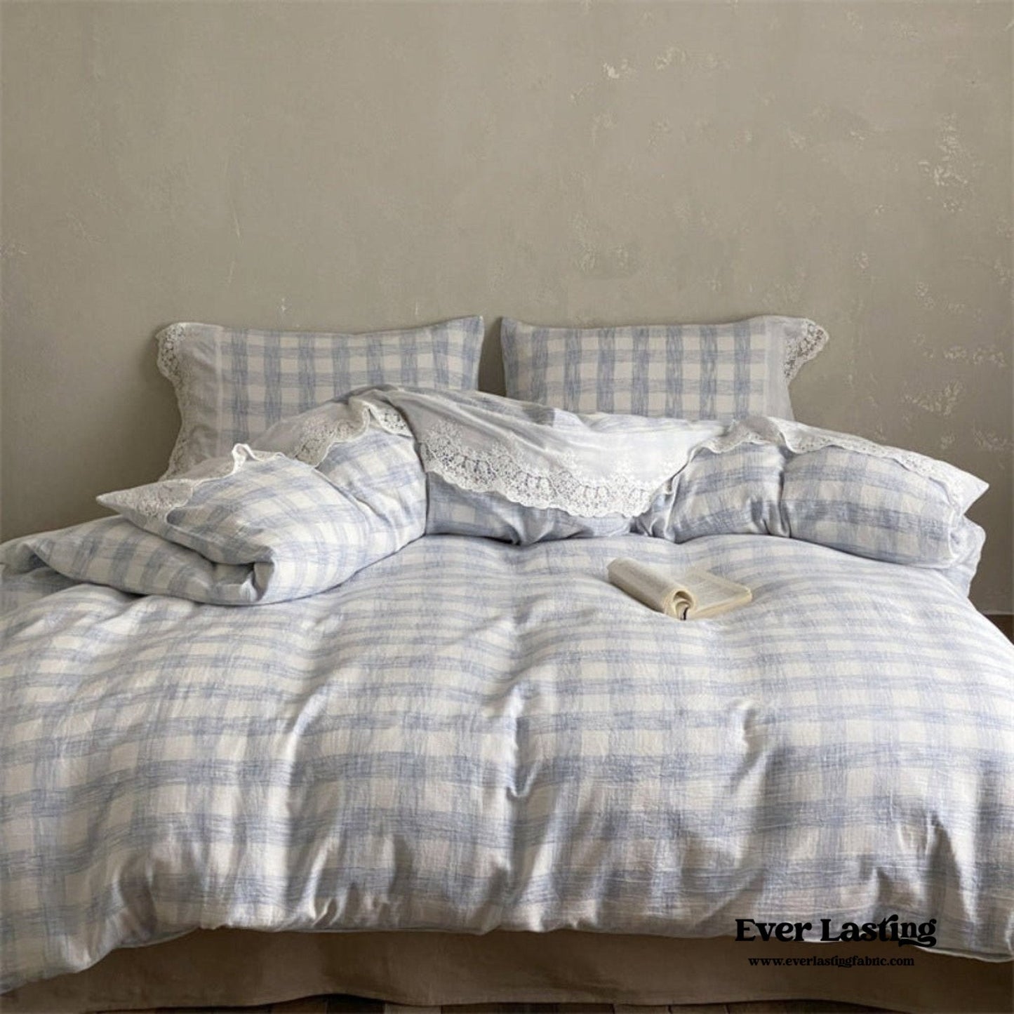 June Lace Double Gauze Gingham Bedding Set / Khaki