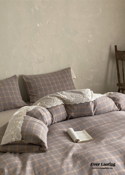 June Lace Double Gauze Gingham Bedding Set / Khaki