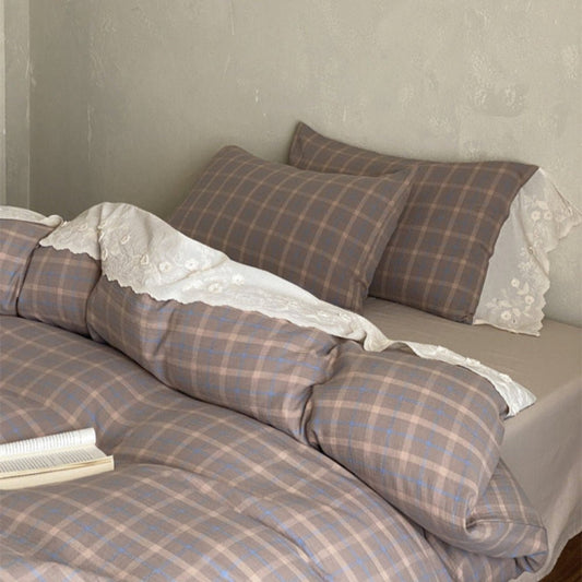 June Lace Double Gauze Gingham Bedding Set / Khaki