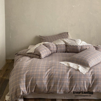 June Lace Double Gauze Gingham Bedding Set / Khaki