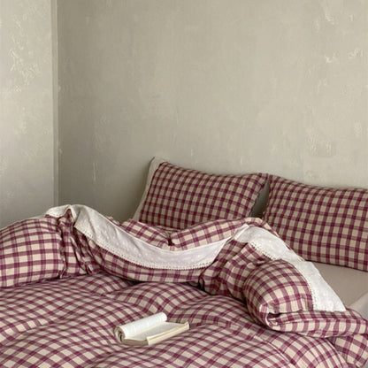 June Lace Double Gauze Gingham Bedding Set / Khaki