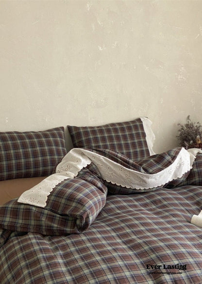 June Lace Double Gauze Gingham Bedding Set / Khaki