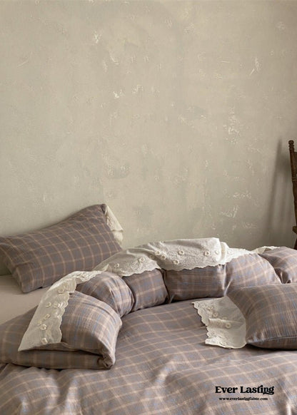 June Lace Double Gauze Gingham Bedding Set / Khaki