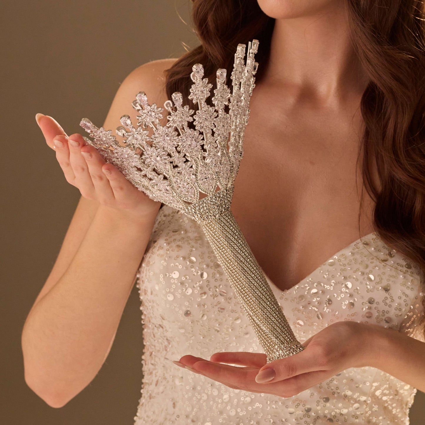 Luxury Silver Quinceañera & Wedding Bouquet Holder – Handcrafted with Crystal Stones & Beads