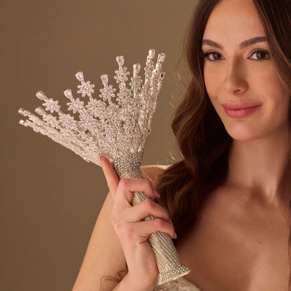 Luxury Silver Quinceañera & Wedding Bouquet Holder – Handcrafted with Crystal Stones & Beads