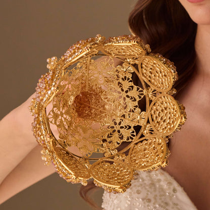 Gold Quinceañera & Wedding Bouquet Holder – Handcrafted with Gold Carved Flowers & Crystal Stones