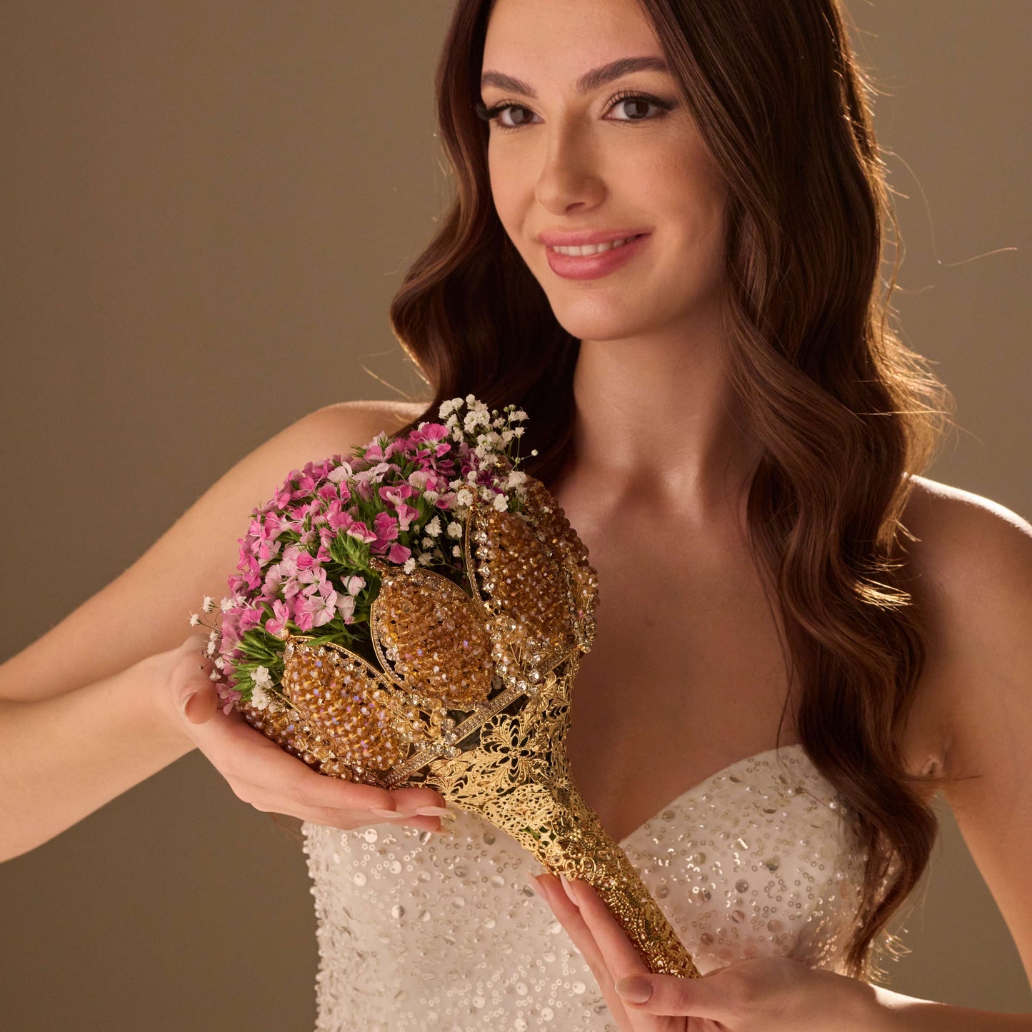 Gold Quinceañera & Wedding Bouquet Holder – Handcrafted with Gold Carved Flowers & Crystal Stones