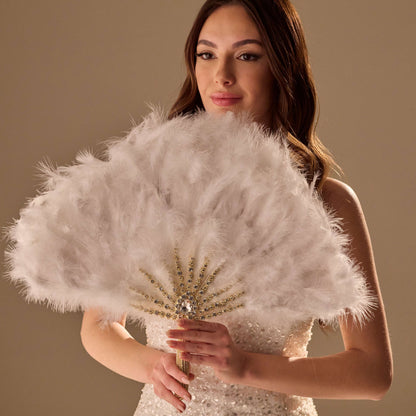 Elegant Feather Fan – Handcrafted Gold & Rhinestone Trim, Unique Luxury Fan