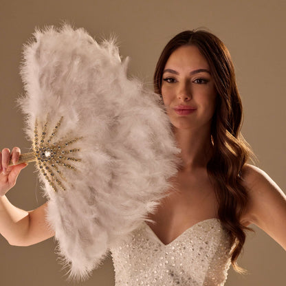 Elegant Feather Fan – Handcrafted Gold & Rhinestone Trim, Unique Luxury Fan
