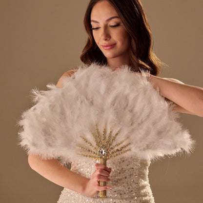 Elegant Feather Fan – Handcrafted Gold & Rhinestone Trim, Unique Luxury Fan