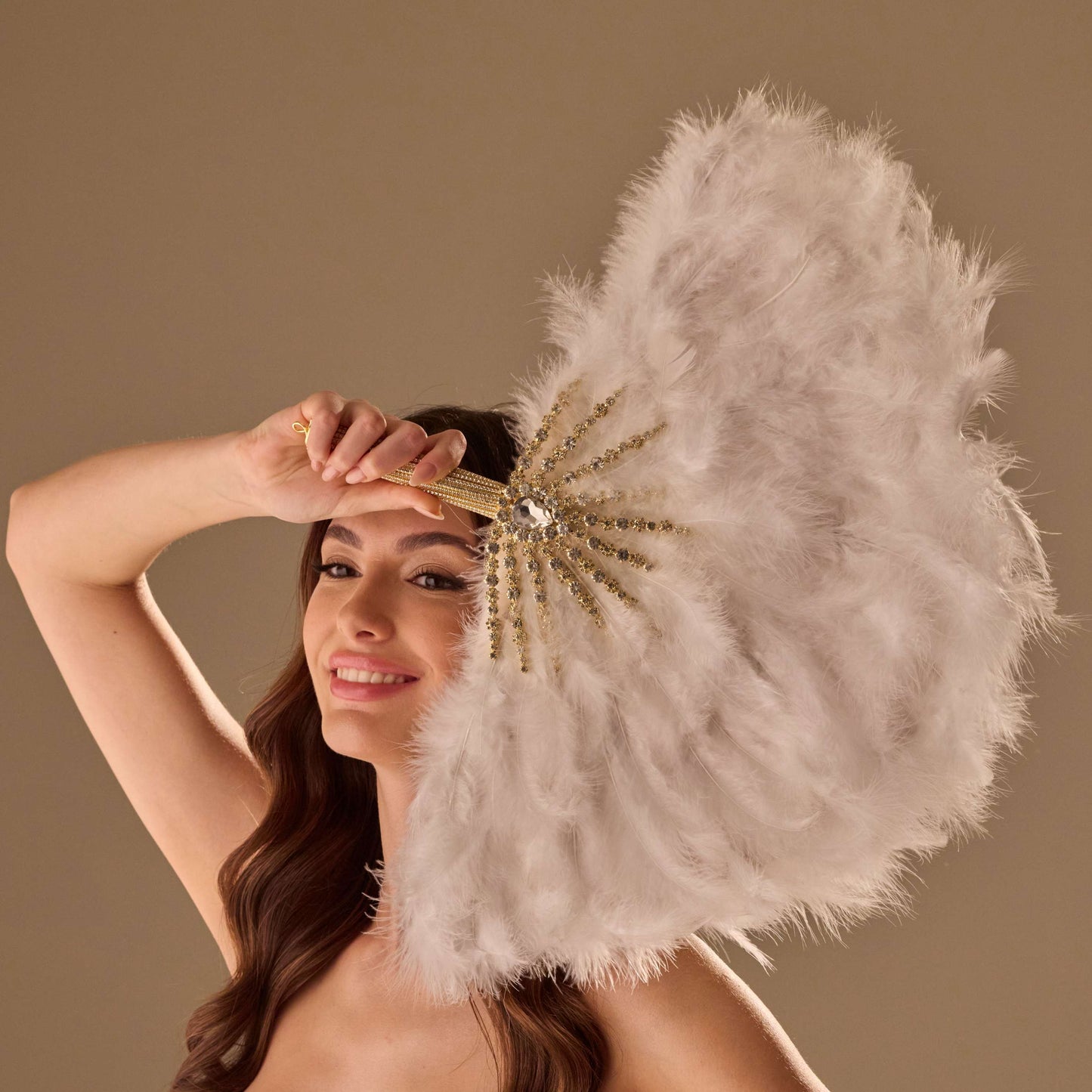 Elegant Feather Fan – Handcrafted Gold & Rhinestone Trim, Unique Luxury Fan