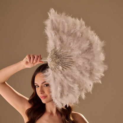 Luxury Feather Fan – Handcrafted with Silver & Pearl Trim, Elegant Unique Fan