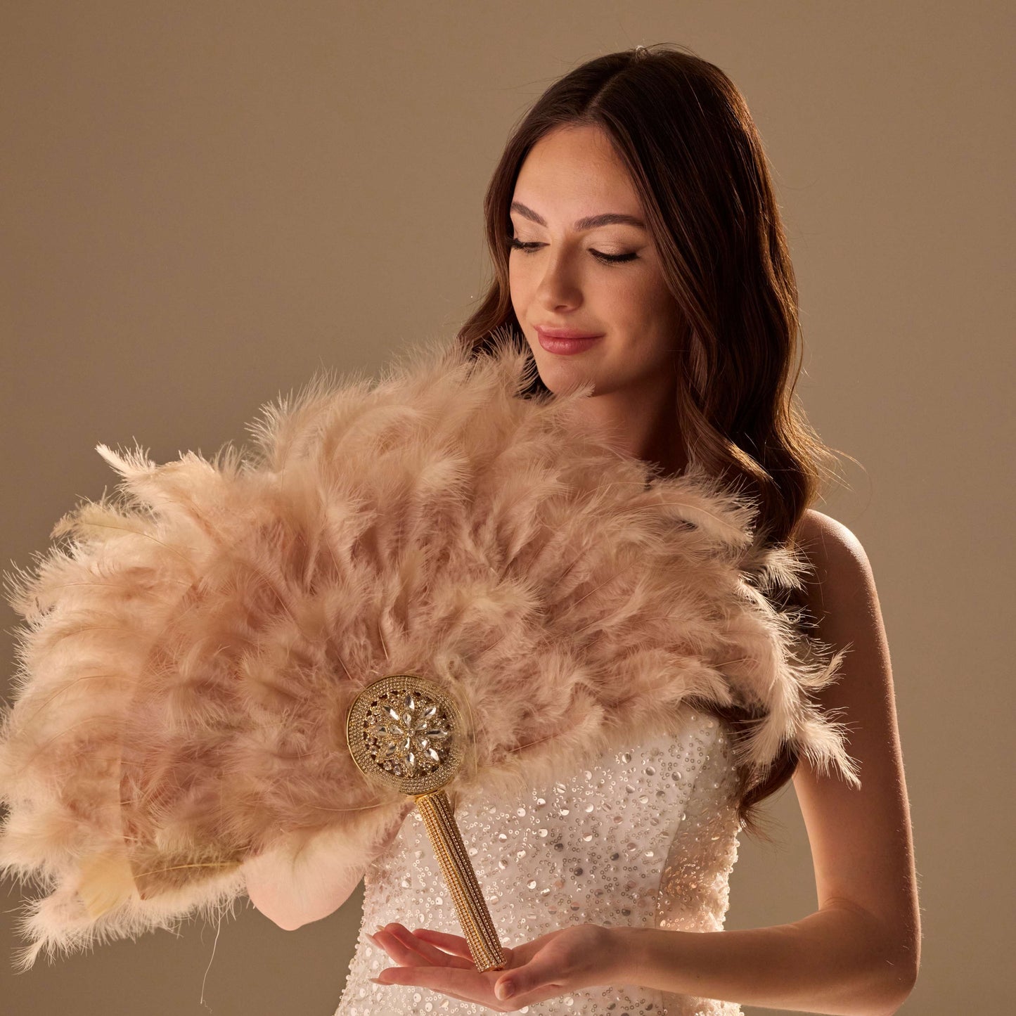 Luxury Feather Fan – Handcrafted with Gold & Rhinestone Trim, Elegant Unique Fan