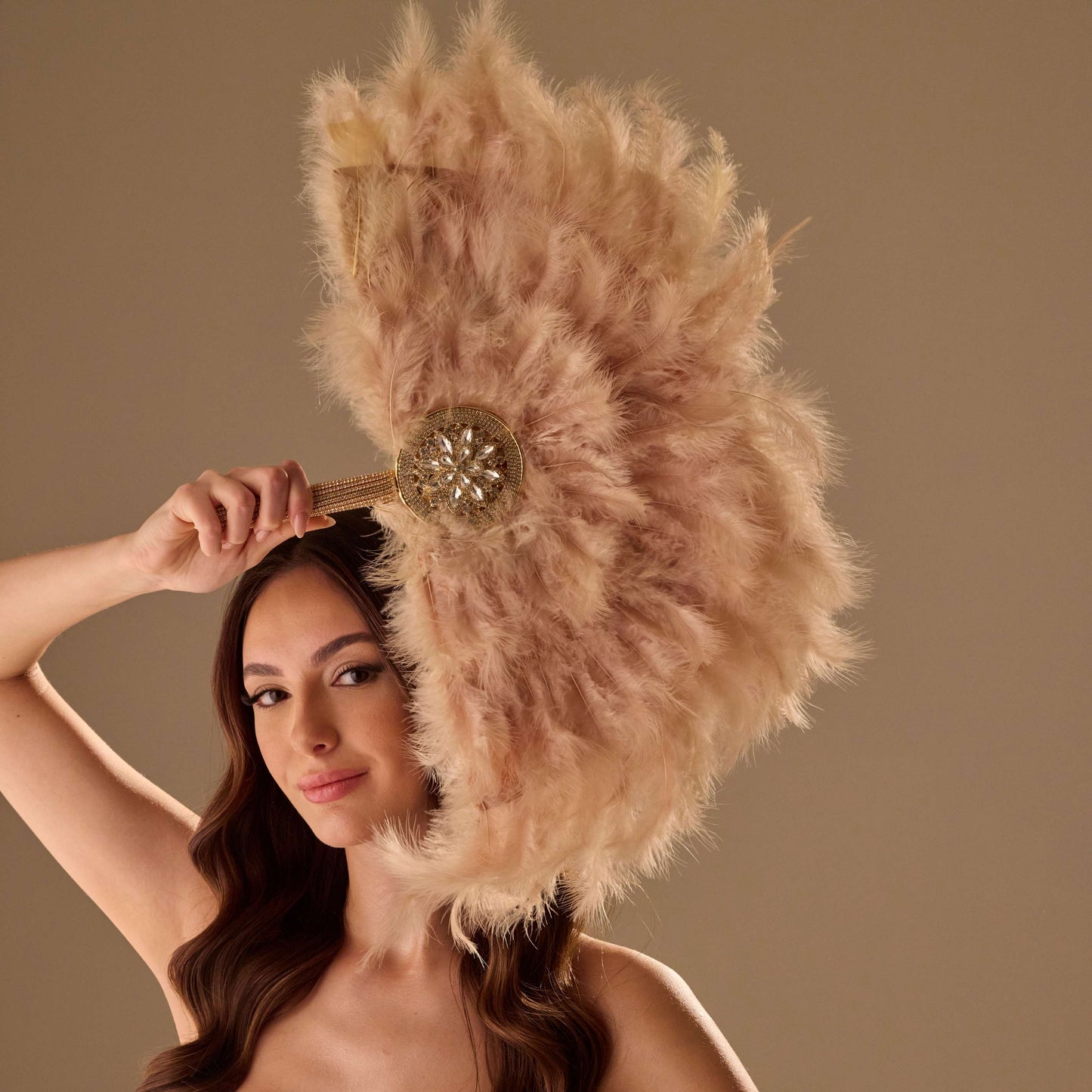 Luxury Feather Fan – Handcrafted with Gold & Rhinestone Trim, Elegant Unique Fan