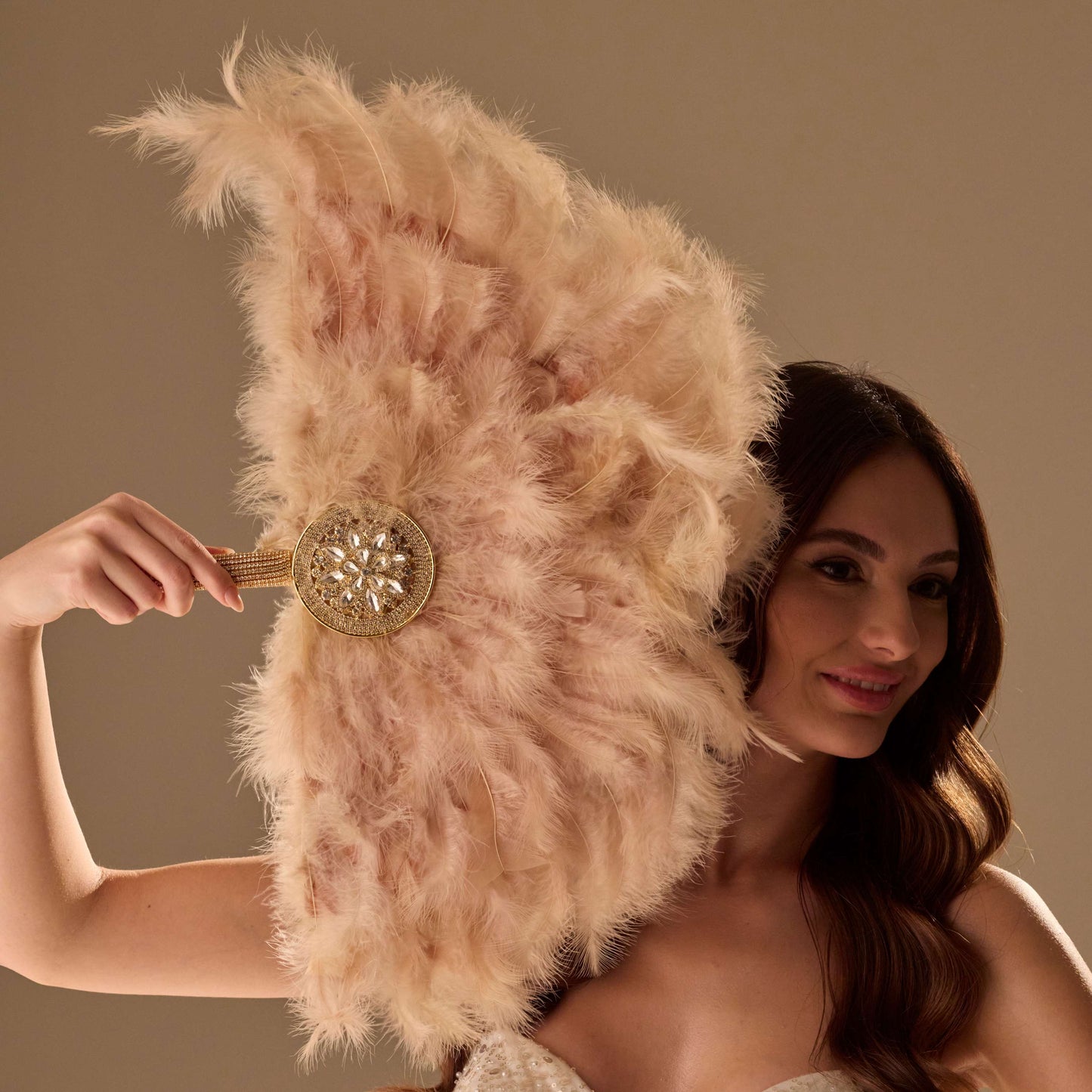 Luxury Feather Fan – Handcrafted with Gold & Rhinestone Trim, Elegant Unique Fan