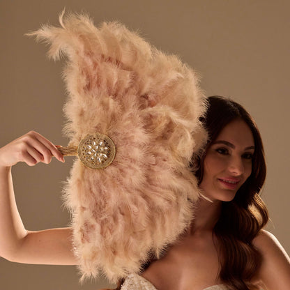 Luxury Feather Fan – Handcrafted with Gold & Rhinestone Trim, Elegant Unique Fan
