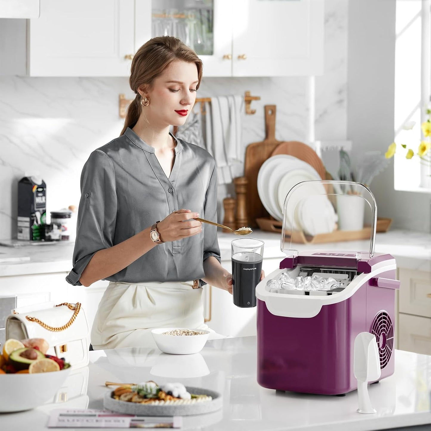 Kismile Ice Makers Countertop with Handle,8 Cubes in 6 Mins,Portable Ice Machine with Self-Cleaning for Home 58012RIM0