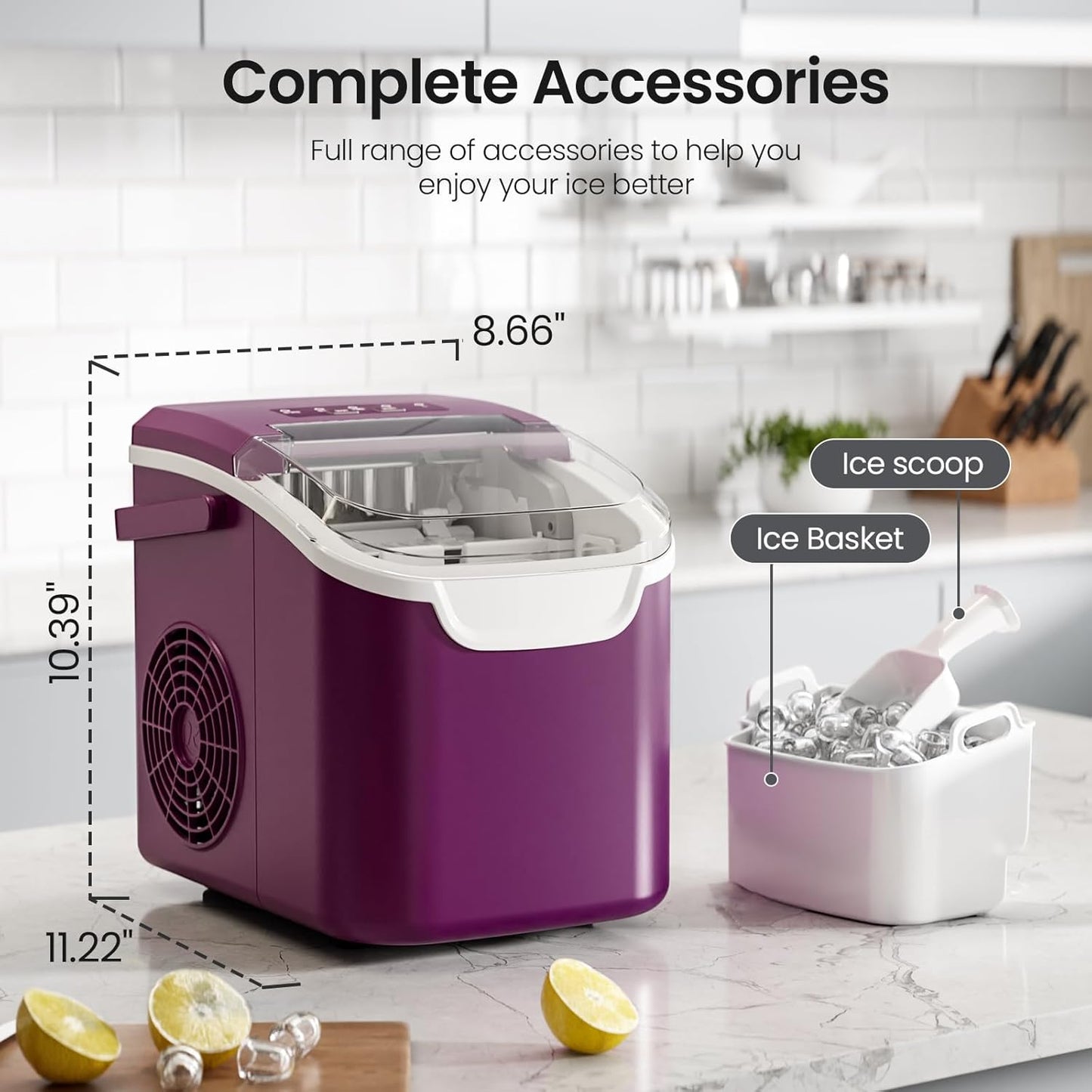 Kismile Ice Makers Countertop with Handle,8 Cubes in 6 Mins,Portable Ice Machine with Self-Cleaning for Home 58012RIM0
