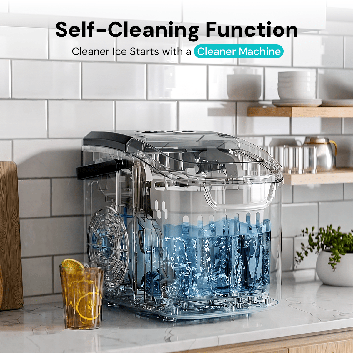 Kismile Ice Makers Countertop with Handle,8 Cubes in 6 Mins,Portable Ice Machine with Self-Cleaning for Home 58012RIM0