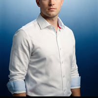 Kenneth// Cotton Knit-Stretch Button-Up Shirt With Contrast Details // White // Tailored Fit (Fitted)