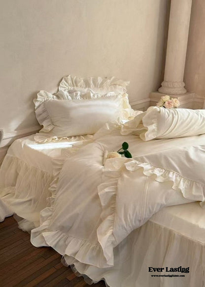 Lacey Lace Ruffle Washed Cotton Bedding Set / White