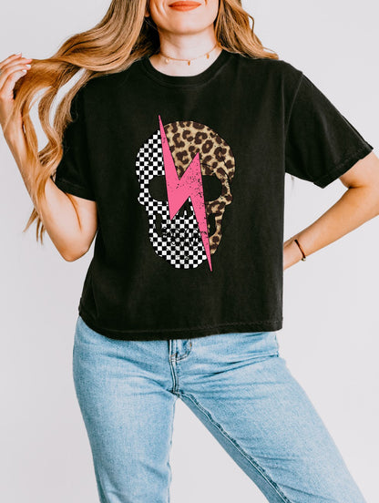 Leopard Skelly Mid-Length Conservative Crop Boxy T-Shirt
