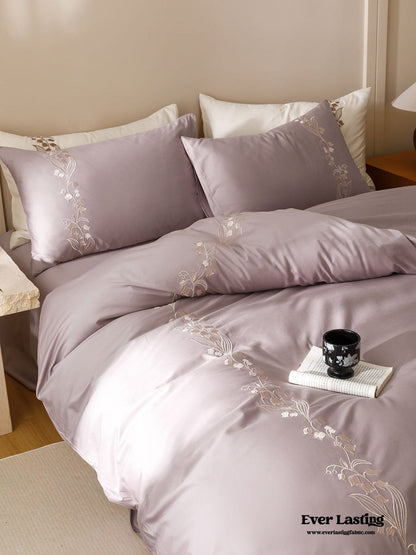 Lily of the Valley Embroidered Silky Bedding Set / Pink