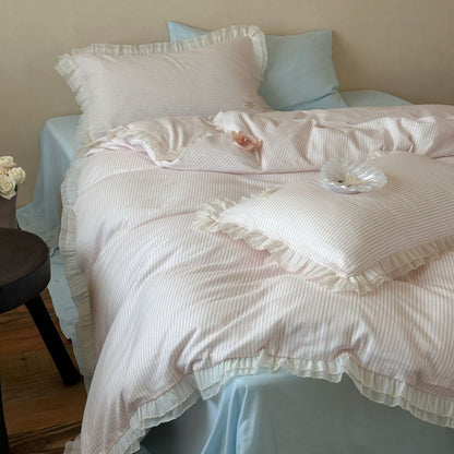 Mabel Lace Double Gauze Striped Bedding Set / Blue
