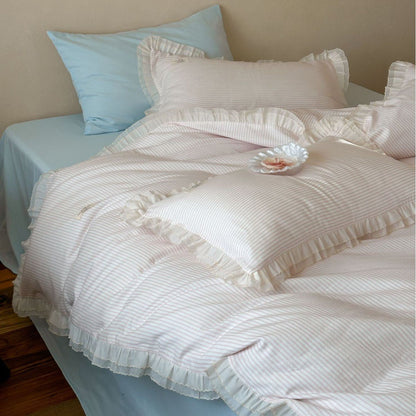 Mabel Lace Double Gauze Striped Bedding Set / Pink