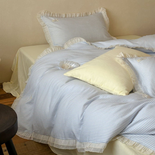 Mabel Lace Double Gauze Striped Bedding Set / Blue