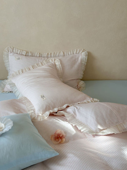 Mabel Lace Double Gauze Striped Bedding Set / Pink