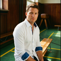 Ron// Cotton Knit-Stretch Button-Up Shirt With Contrast Details // White // Tailored Fit (Fitted)