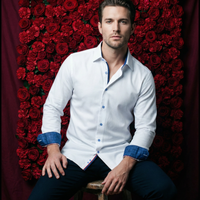 Ron// Cotton Knit-Stretch Button-Up Shirt With Contrast Details // White // Tailored Fit (Fitted)