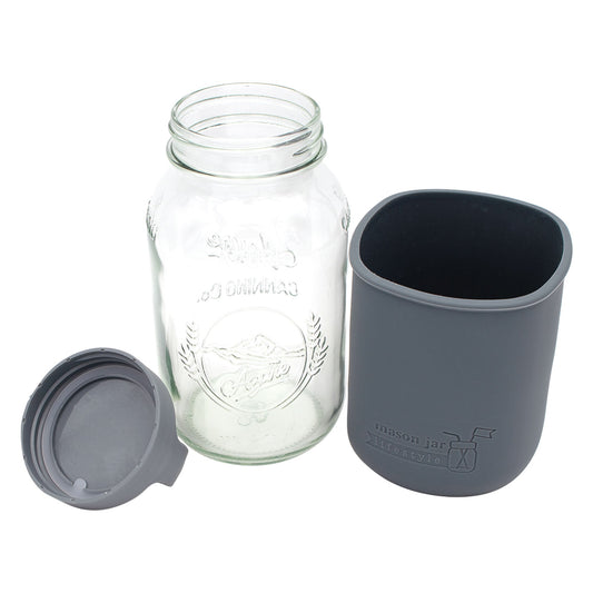 Mason Jar Lifestyle 32oz Quart Glass Water Bottle with Silicone Sleeve & Carry Handle