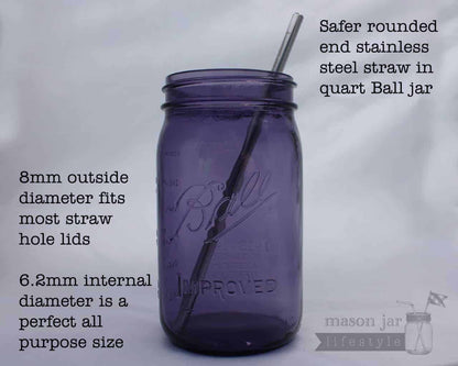 Long 9" Safer Rounded End Stainless Steel Straw for Quart Mason Jars