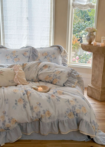 Millie Lace Ruffle Floral Bedding Set / Blue