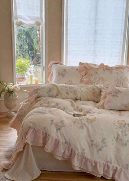 Millie Lace Ruffle Floral Bedding Set / Beige