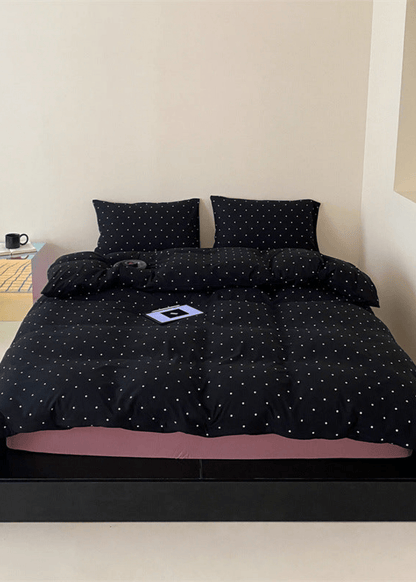 Mini Polka Dot Jersey Knit Bedding Set / Black + Pink