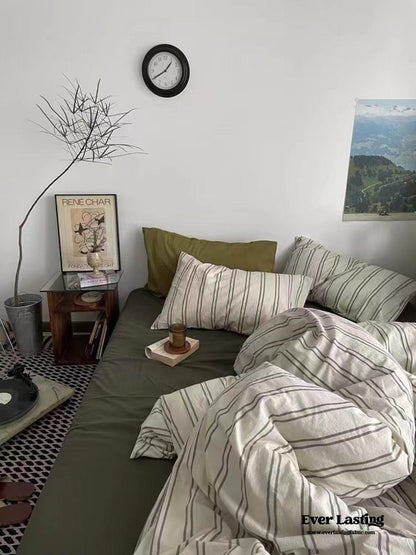 Minimal Vintage Stripe Bedding Set / Olive Green
