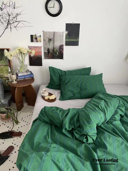 Minimal Vintage Stripe Bedding Set / Olive Green