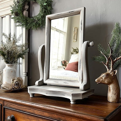 Distressed White Adjustable Wood Vanity Mirror