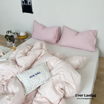 Mixed Color Washed Cotton Bedding Set / Baby Pink + White
