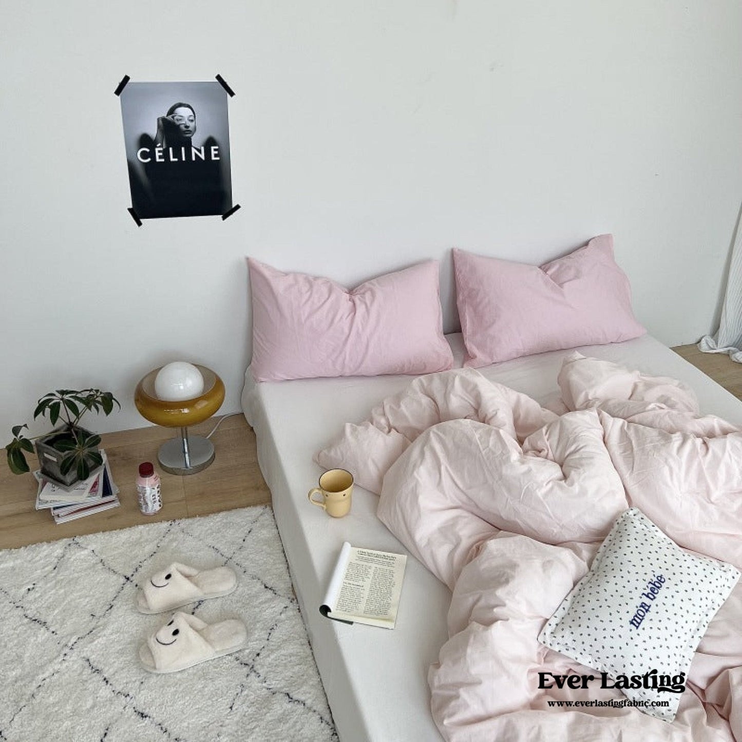 Mixed Color Washed Cotton Bedding Set / Baby Pink + White