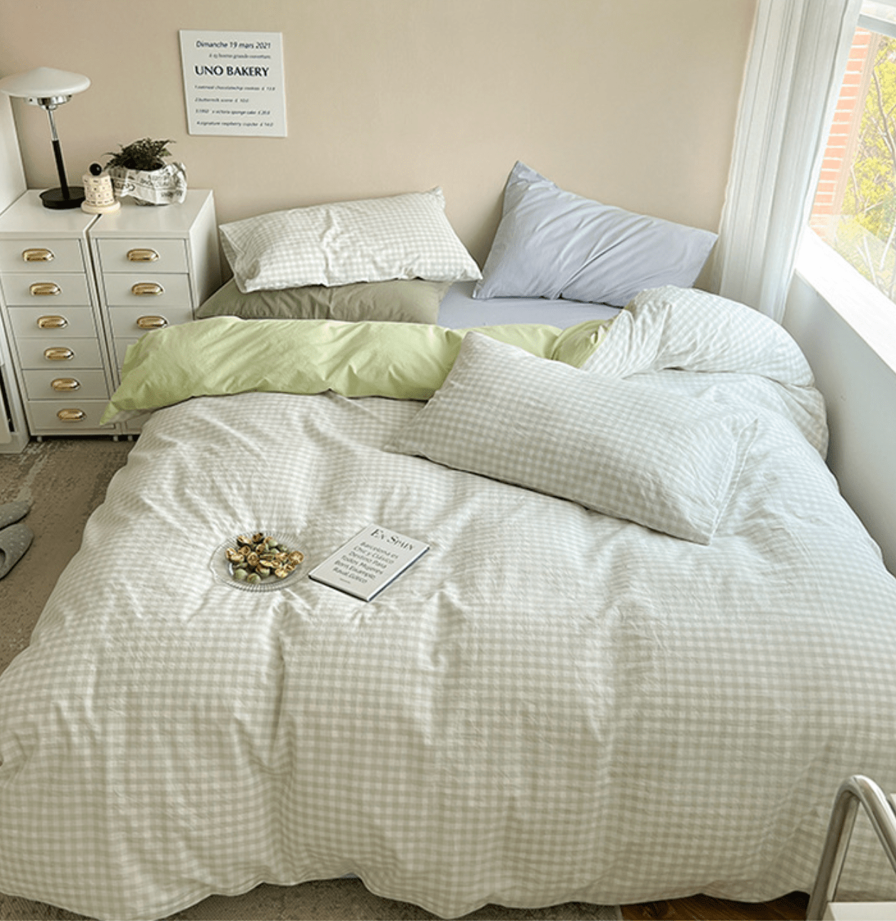 Mixed Gingham Bedding Set / Pink + Yellow